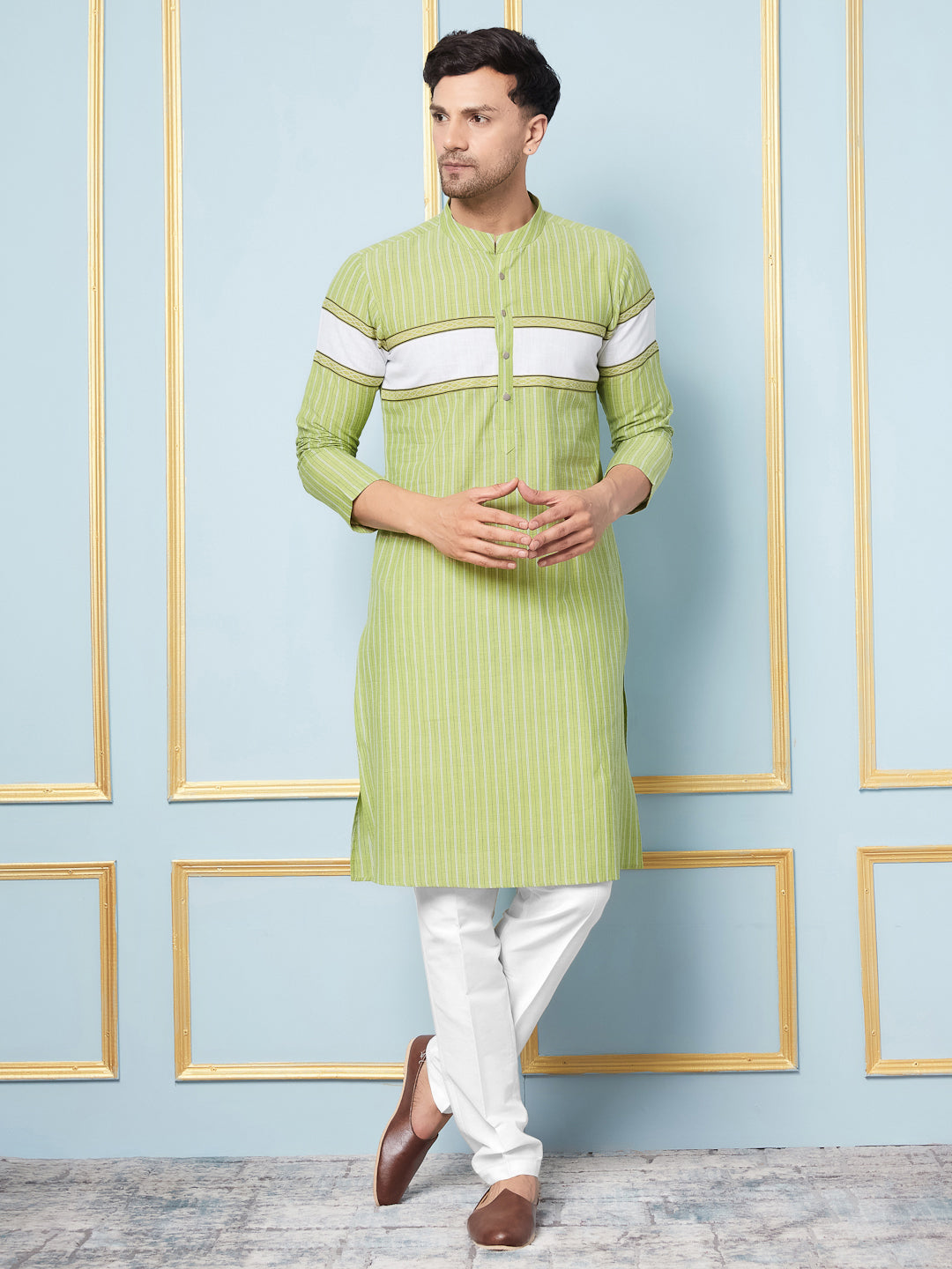 Men Lime Green and White Thread Work Kurta With pyjama