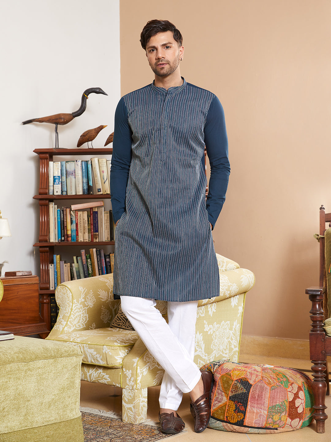 Men Teal Cotton Pintex Design Multi Thread Work Kurta