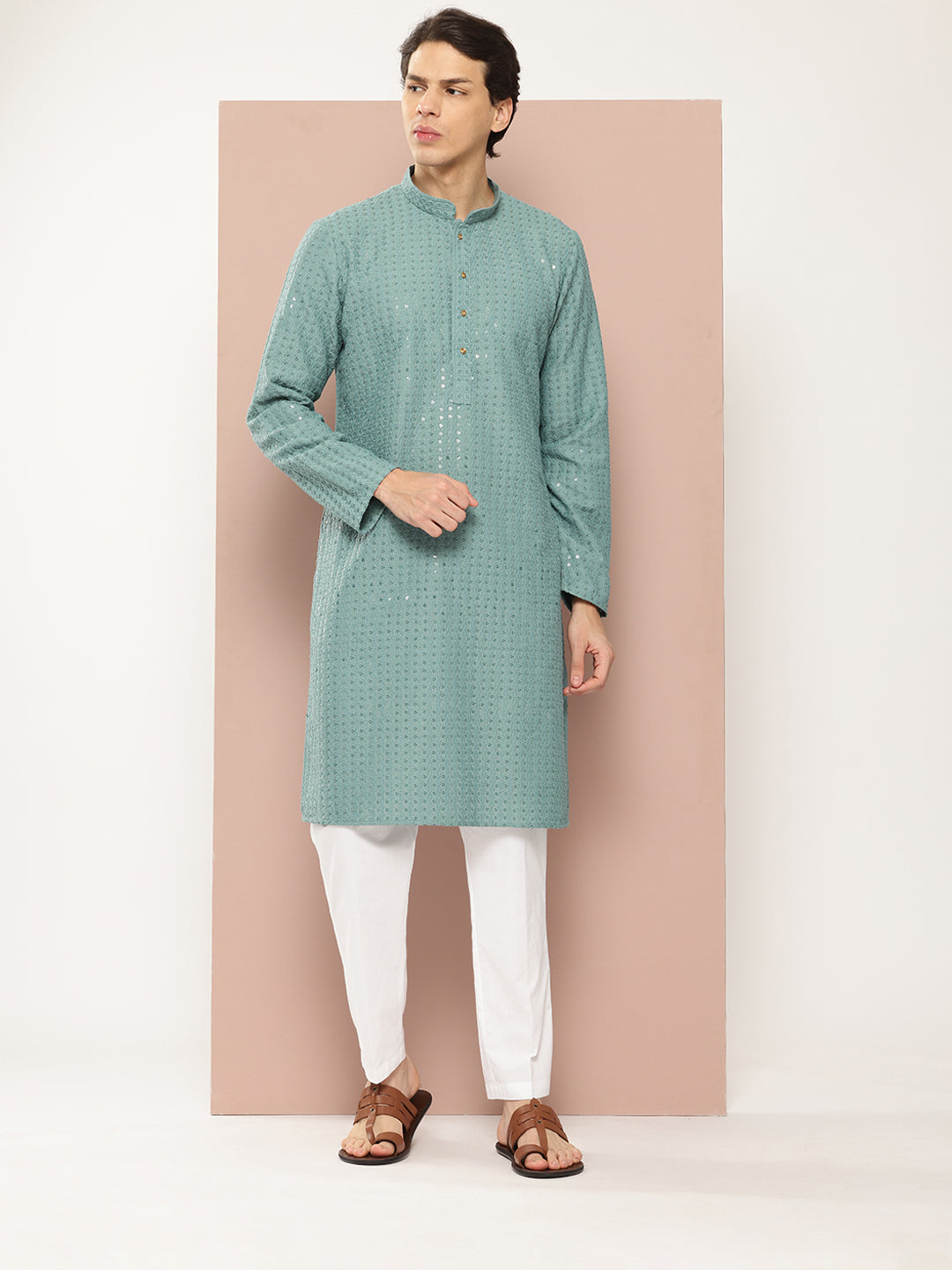 Men Turquoise Embroidered Sequin Rayon Kurta