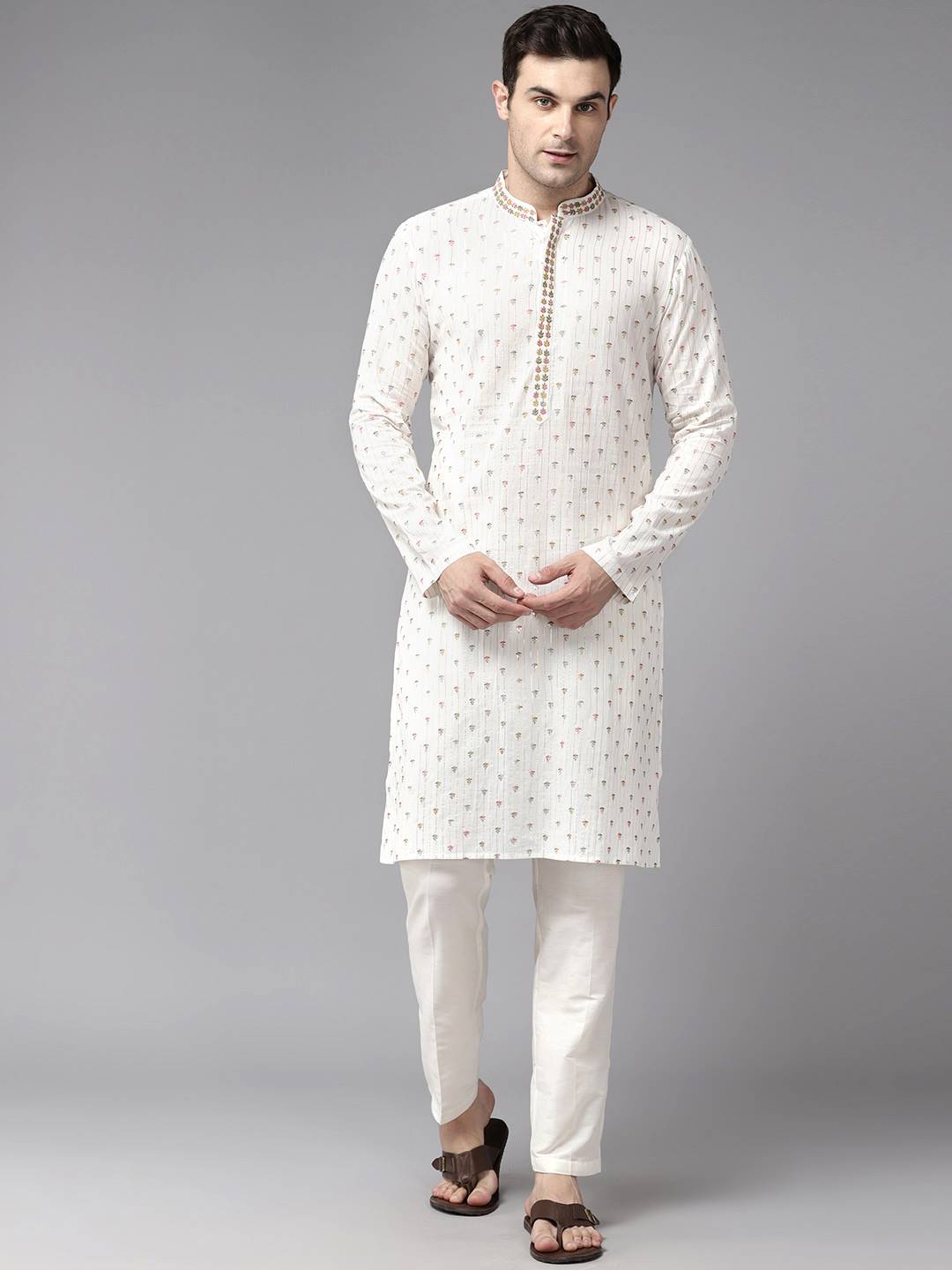 Men Off White & Multi Color Pure Cotton Embroidered Straight Kurta With Pajama