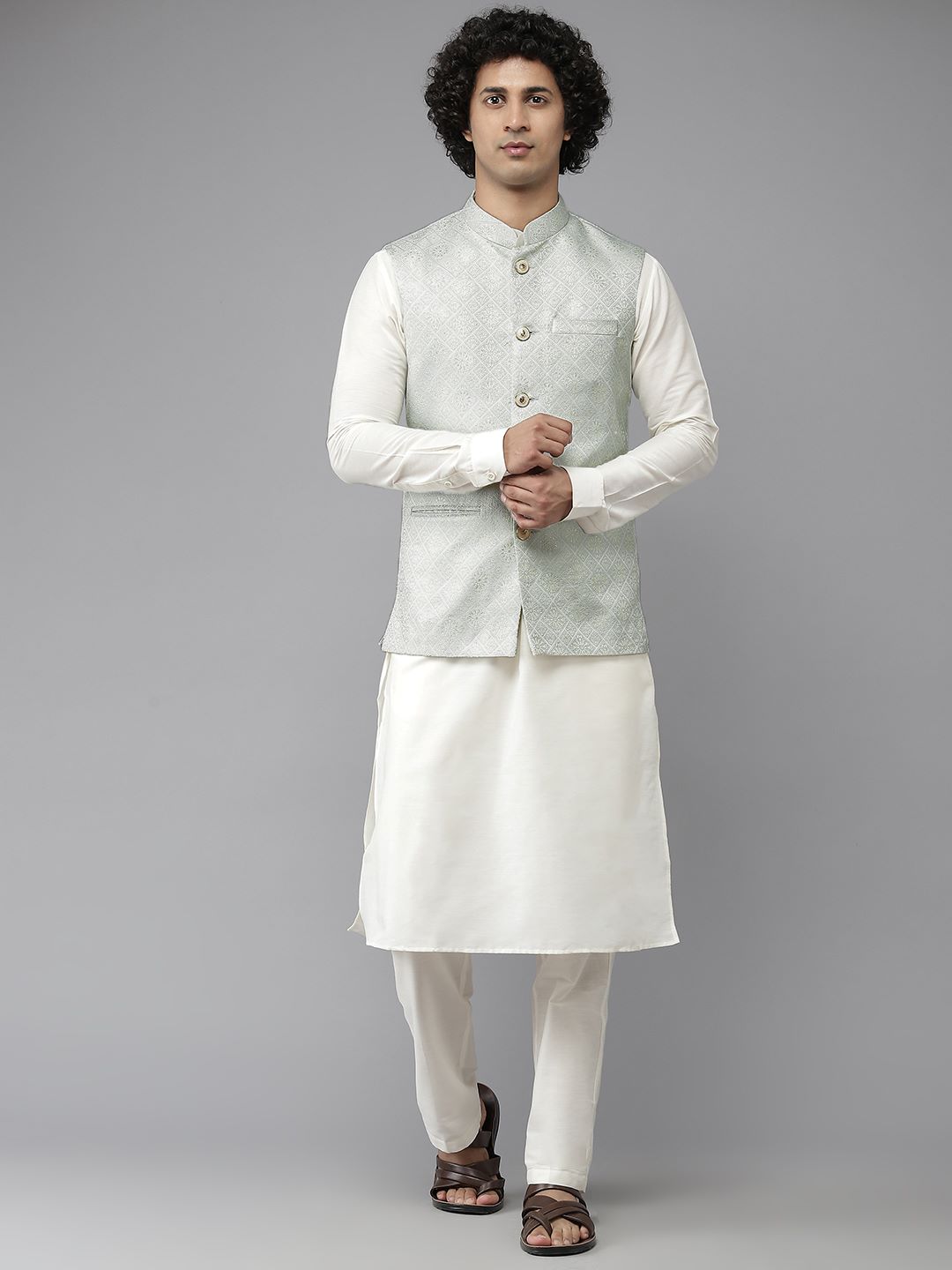 Men Aqua Blue & White Solid Kurta Pajama With Nehru Jacket