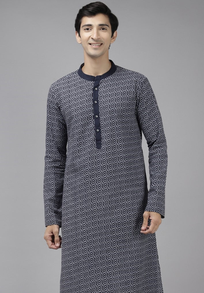 Men Blue EthnoVogue Printed Thread Work Indigo Kurta