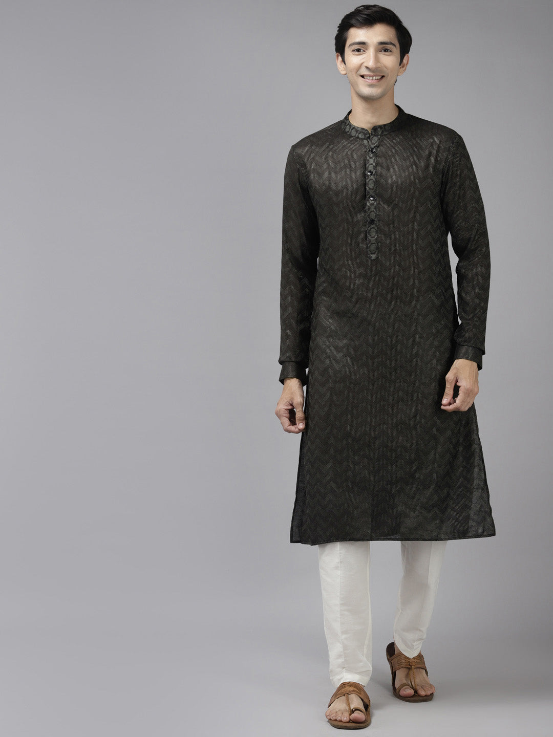 Men Olive & Beige Wave Woven Design Thread Work Kurta