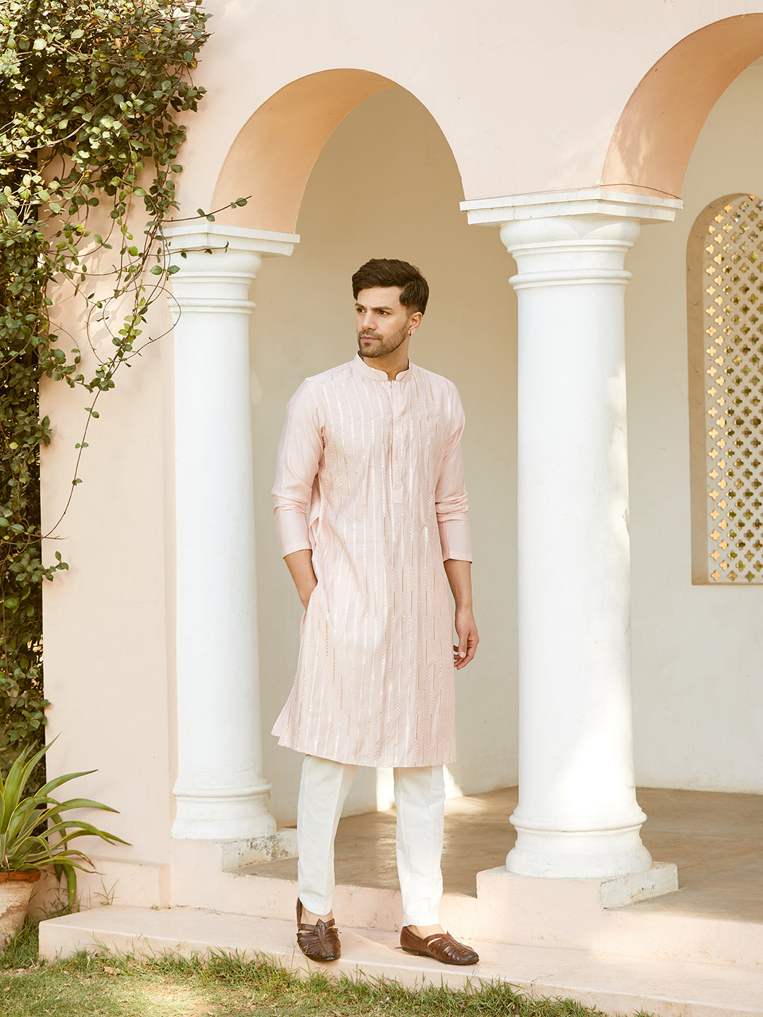 Men Pink And Gold Chanderi Silk Sequins Kurta