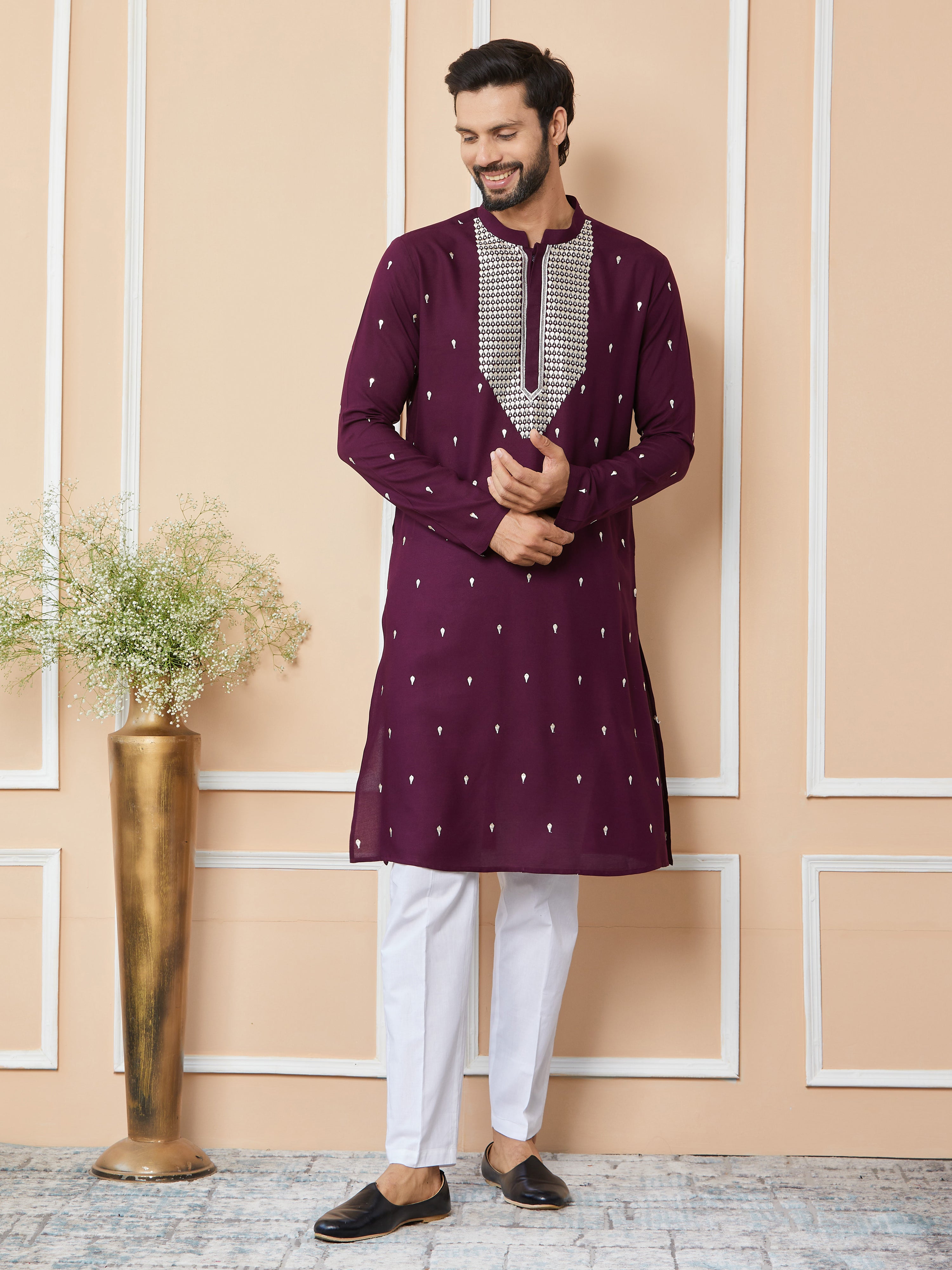 Purple Sequins Embroidered Rayon Straight Kurta with Yoke Design and Pyjama