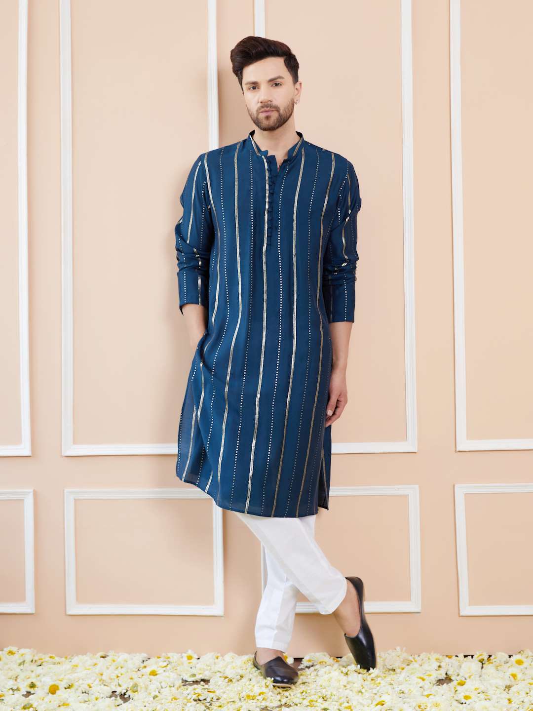 Men Azure Elegance Chanderi Silk Sequins Kurta