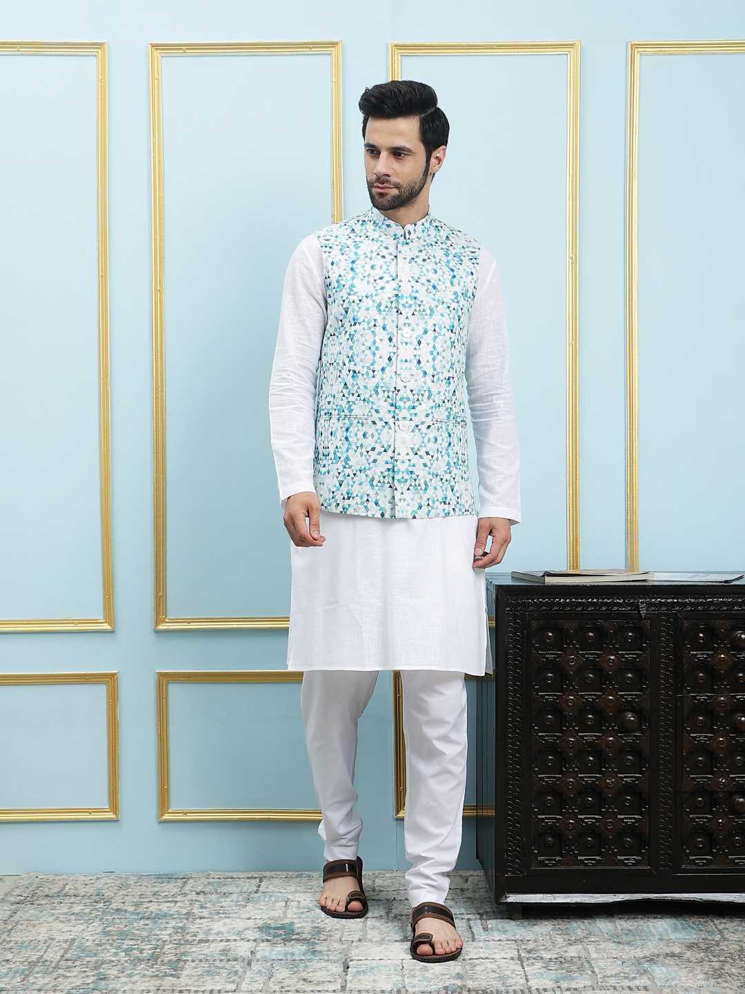 Men Aqua Prism Digital Print Cotton Nehru Jacket