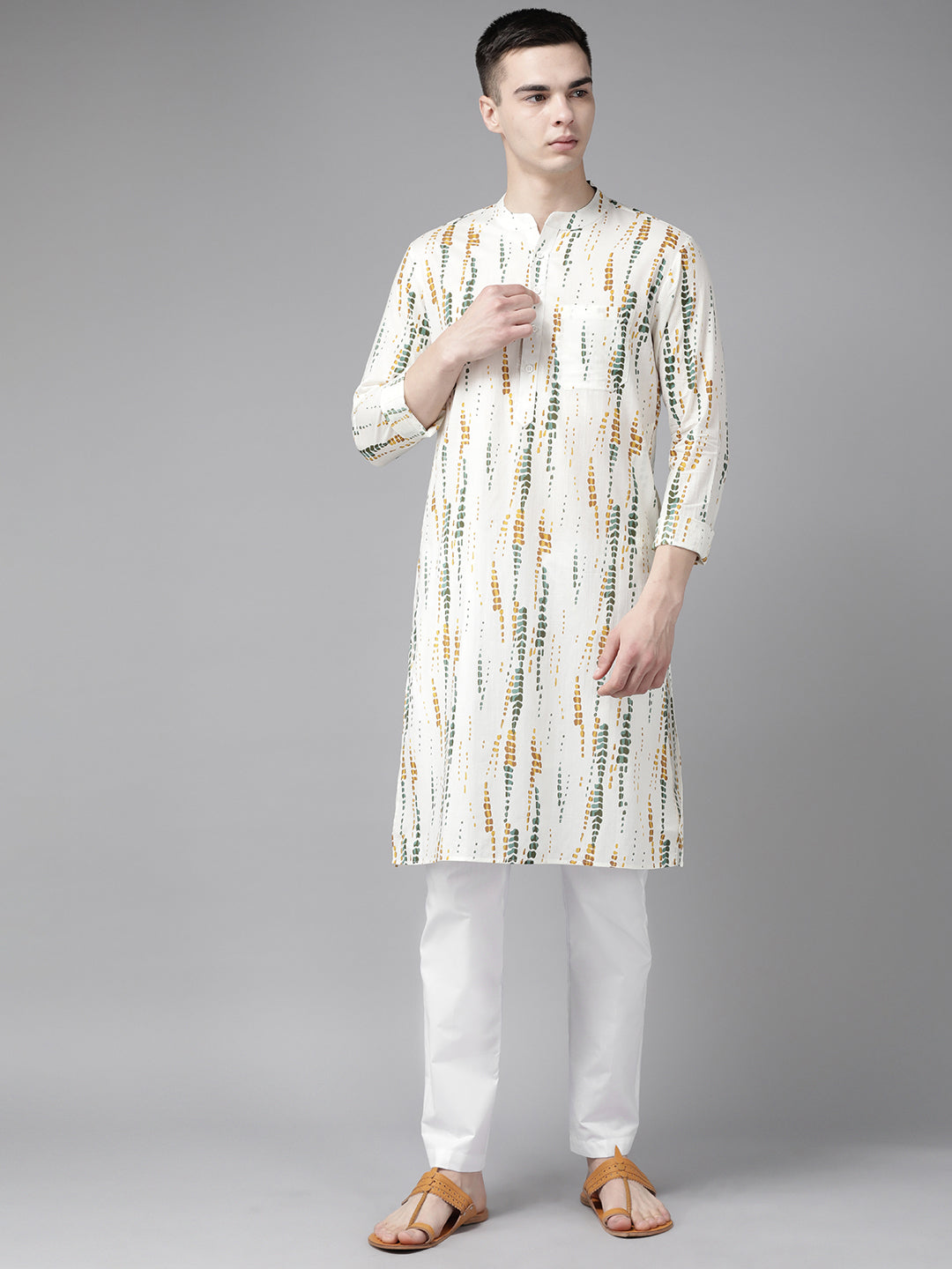 Riwaat.com Men White Multi Tie and dye Print Design Straight Kurta With Pajama Riwaat Printed