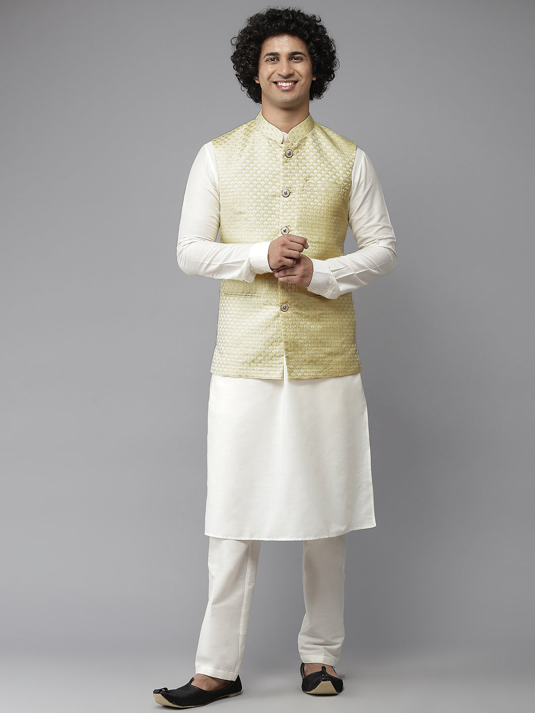 Riwaat.com Men Lime Yellow & White Solid Kurta Pajama With Nehru Jacket Riwaat Haldi Indo Western