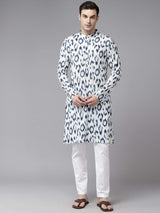 Men White & Blue Ikat Pattern Pure Cotton Printed Straight Kurta With Pajama