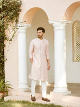 Men Pink And Gold Chanderi Silk Sequins Kurta With Pajama