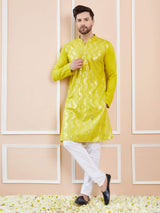 Men Lime Green And Gold Rayon Embroidery Sequins Kurta With Pajama