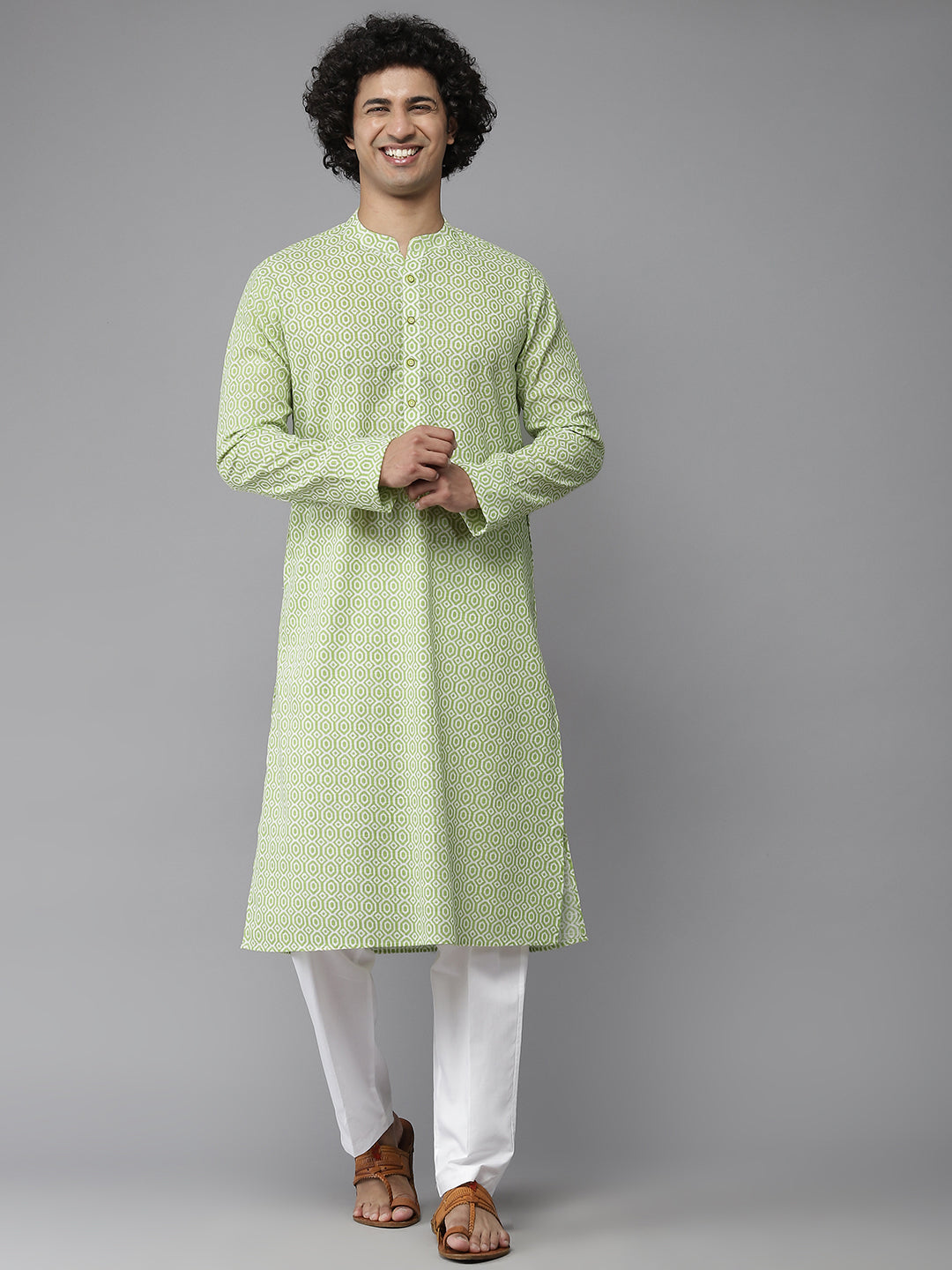 Men Mint Green & White Printed Pure Cotton Straight Kurta With Pajama