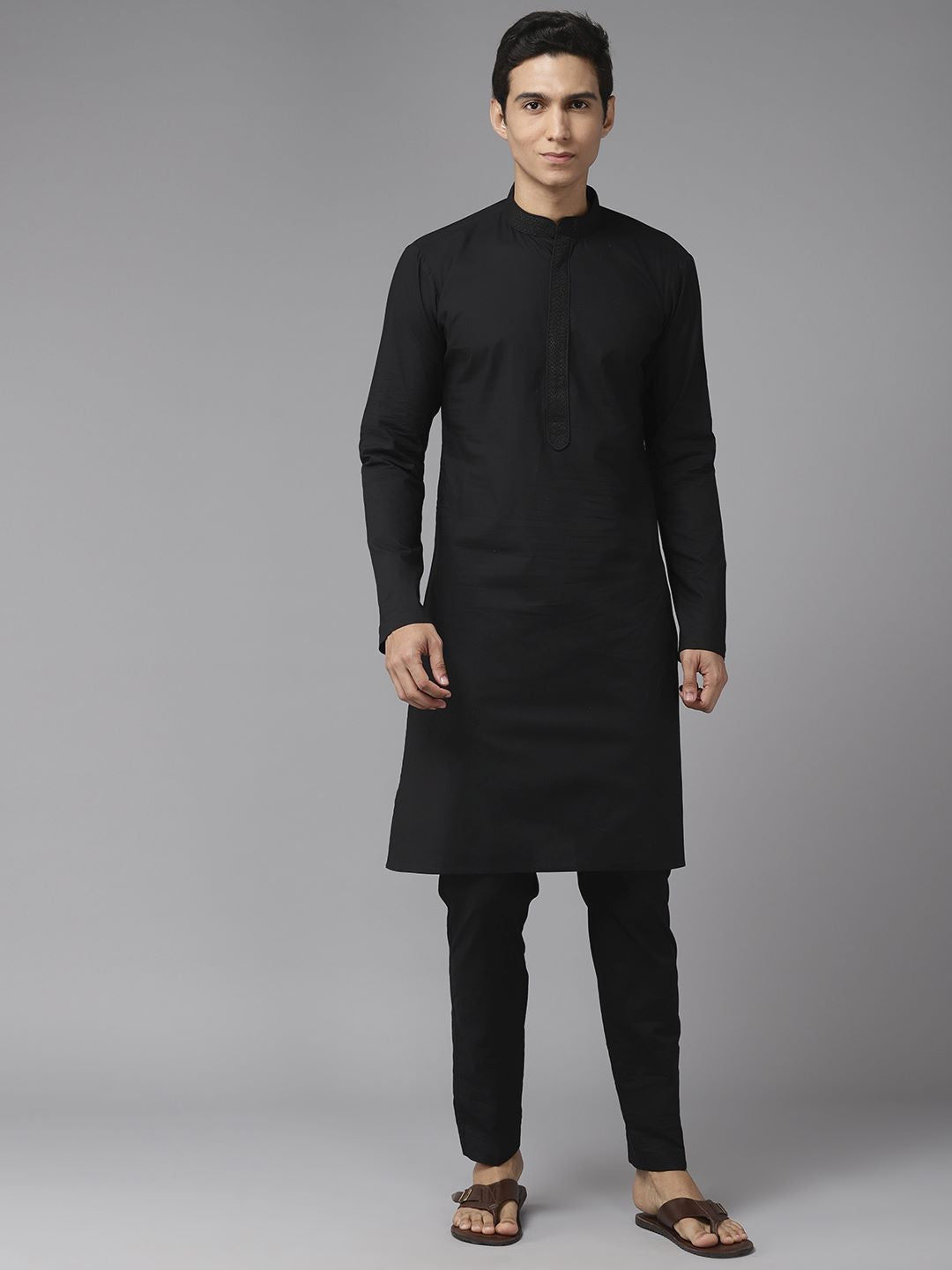 Men Jet Black Pure Cotton Embroidered Straight Kurta With Pajama