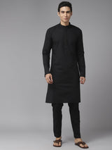 Men Jet Black Pure Cotton Embroidered Straight Kurta With Pajama