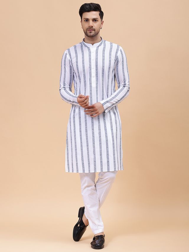 Men White & Grey Pure Cotton Embroidered Straight Kurta With pyjama