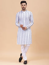 Men White & Grey Pure Cotton Embroidered Straight Kurta With pyjama