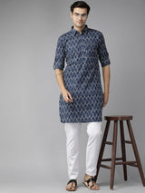 Men Indigo Regular Pure Cotton Pathani Printed Men's Kurta
