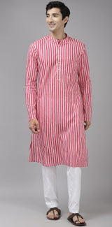 Men Pink And Gold Printed Thread Work Kurta