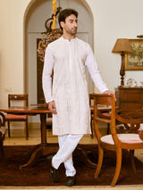 Men Soft Pearl Pink with Subtle Golden Pintex Design Sequins Cotton Kurta With Pajama