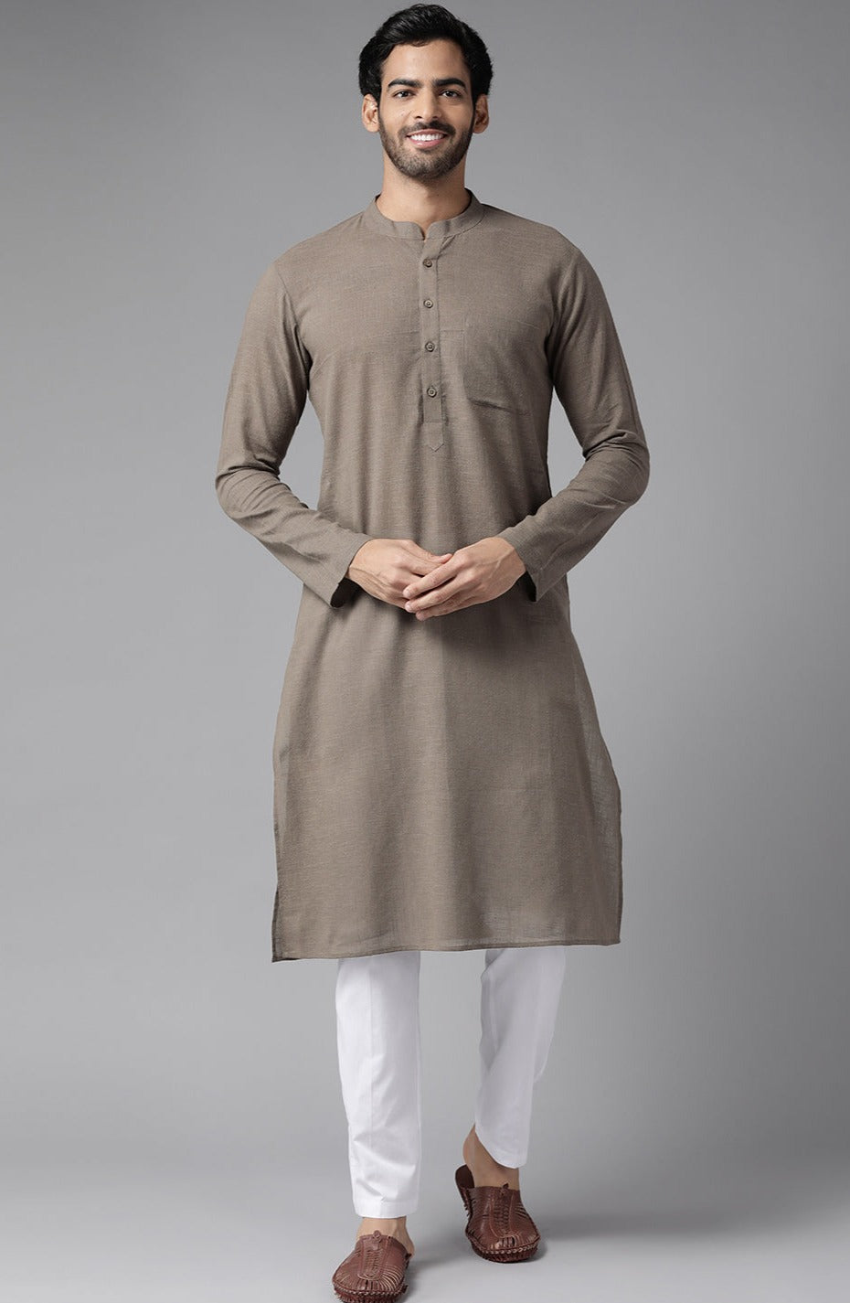 Men Brown Cotton Straight Kurta With Slub Effect