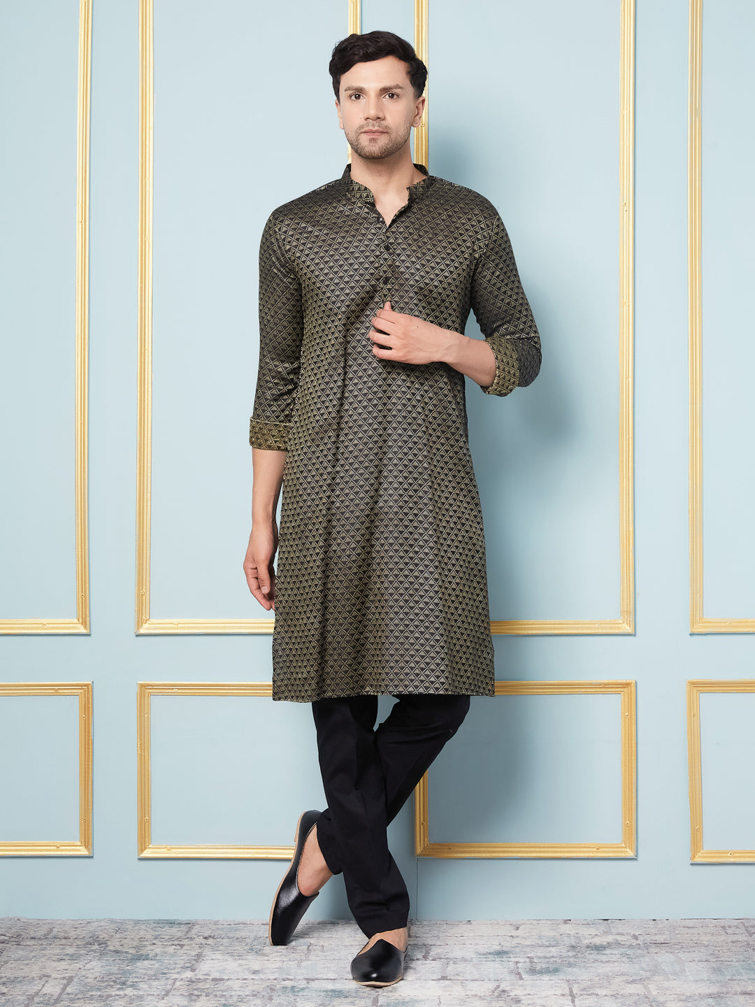 Men Black & Gold Woven Design Thread Work Kurta With pyjama