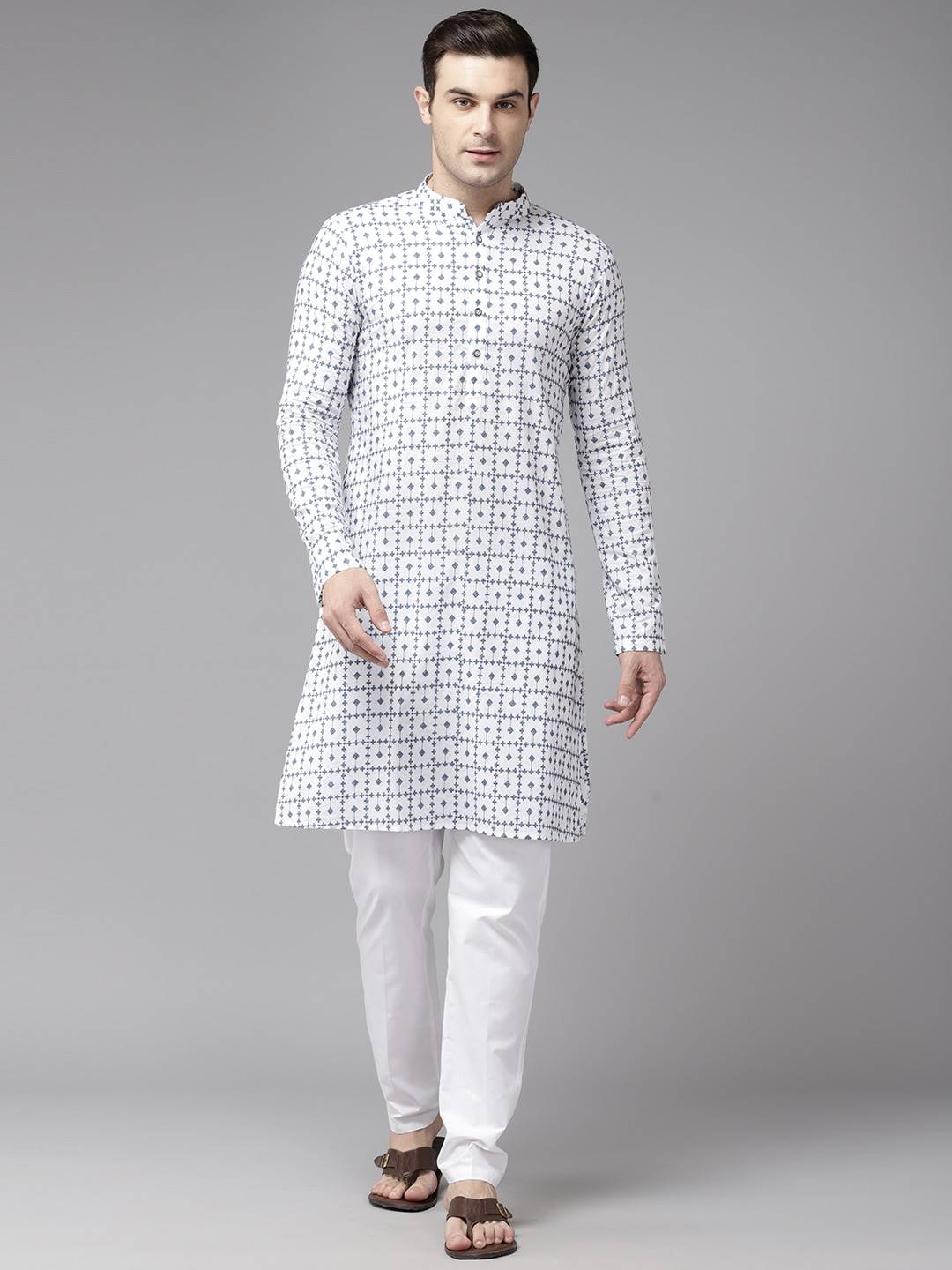 Men Ivory White with Indigo Blue Pattern Pure Cotton Embroidered Straight Kurta With Pajama