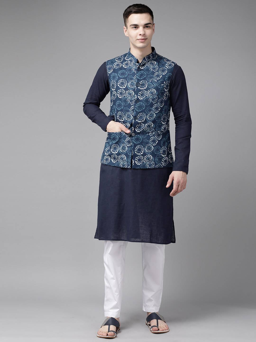 Men Blue & Beige Printed Pure Cotton Nehru Jacket