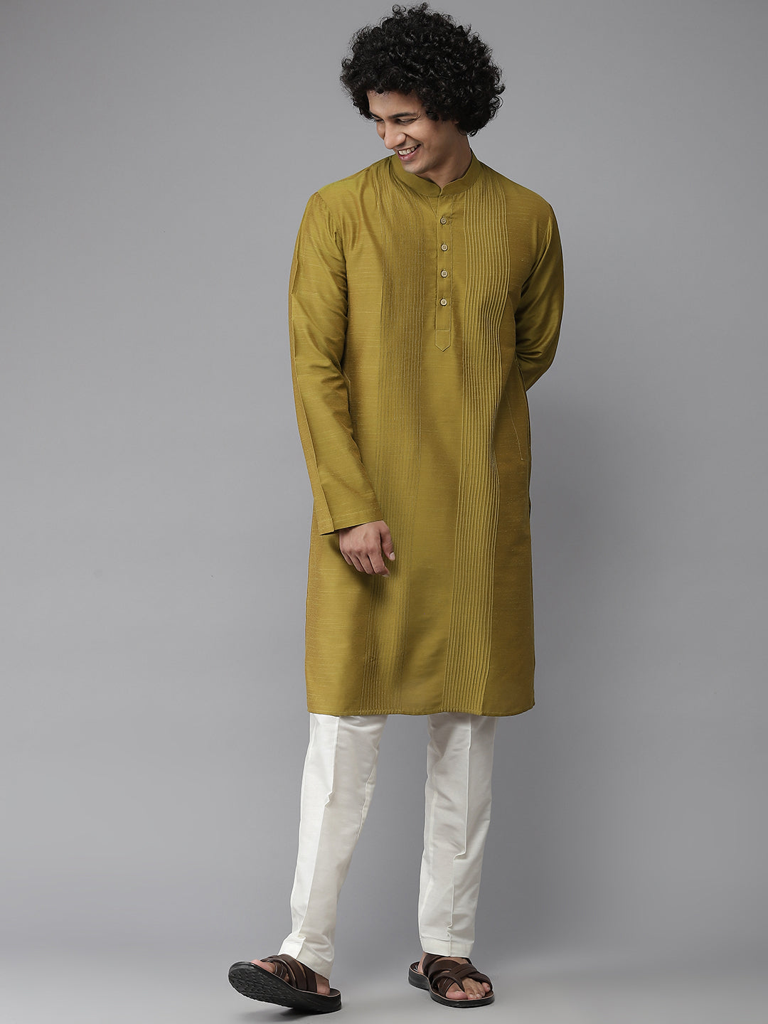 Men Mustard Cotton Silk Straight Kurta