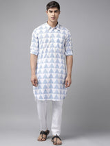 Men White Regular Pure Cotton Pathani Printed Men's Kurta With White Salwar