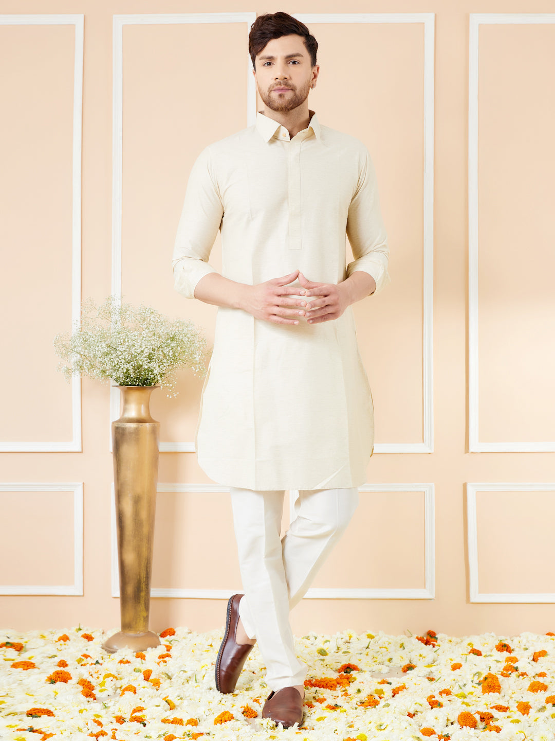 Men Cream Cotton Solid Pathani Kurta with Pyjama
