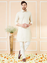 Men Cream Cotton Solid Pathani Kurta with Pyjama