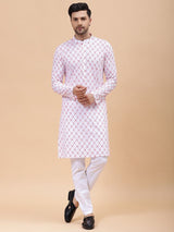 Men White & Orange Pure Cotton Embroidered Straight Kurta With pyjama
