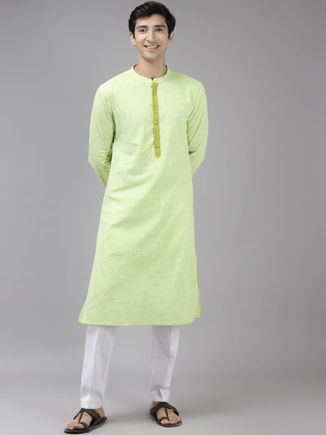 Men Lime Green & White Printed Pure Cotton Straight Kurta With Pajama