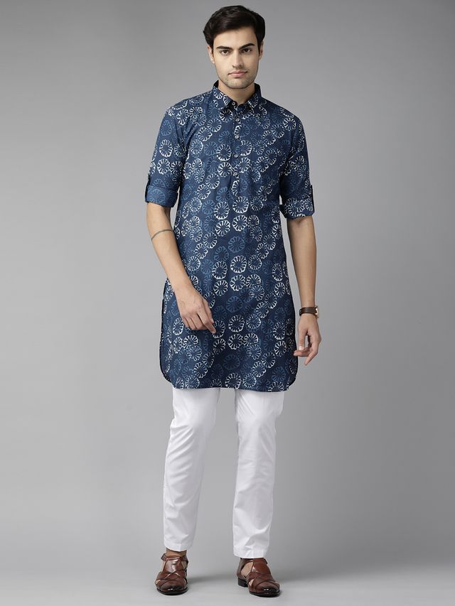 Men Indigo Regular Pure Cotton Pathani Printed Men's Kurta