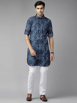 Men Indigo Regular Pure Cotton Pathani Printed Men's Kurta