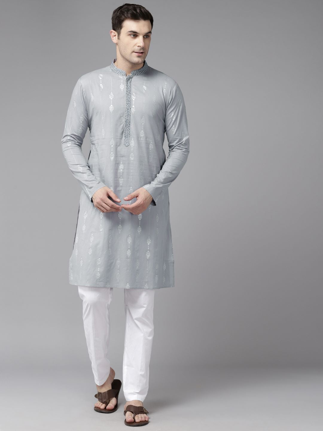 Men Grey & Blue Pure Cotton Embroidered Straight Kurta With Pajama