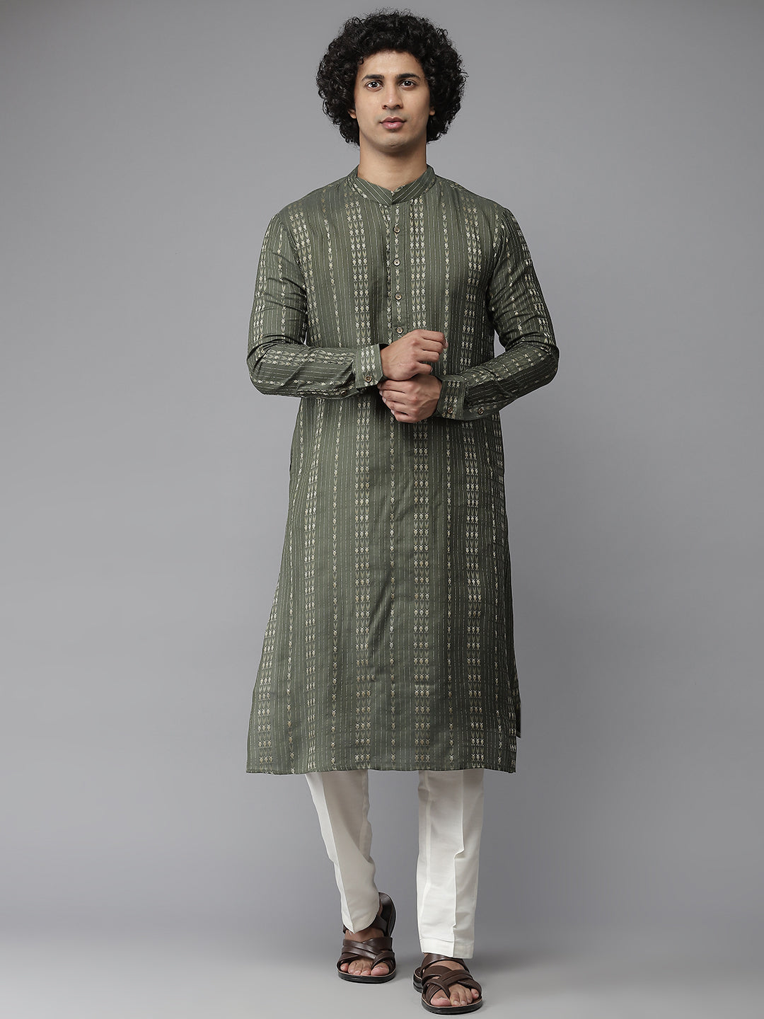 Men Green & Gold-Toned Straight Woven Design Kurta