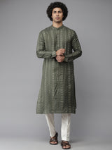 Men Green & Gold-Toned Straight Woven Design Kurta