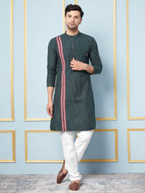 Men Green And White Weaving Design Kurta