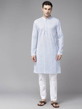 Men Light Blue with White Pattern Pure Cotton Embroidered Straight Kurta With Pajama