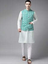 Men Green & Beige Printed Pure Cotton Nehru Jacket