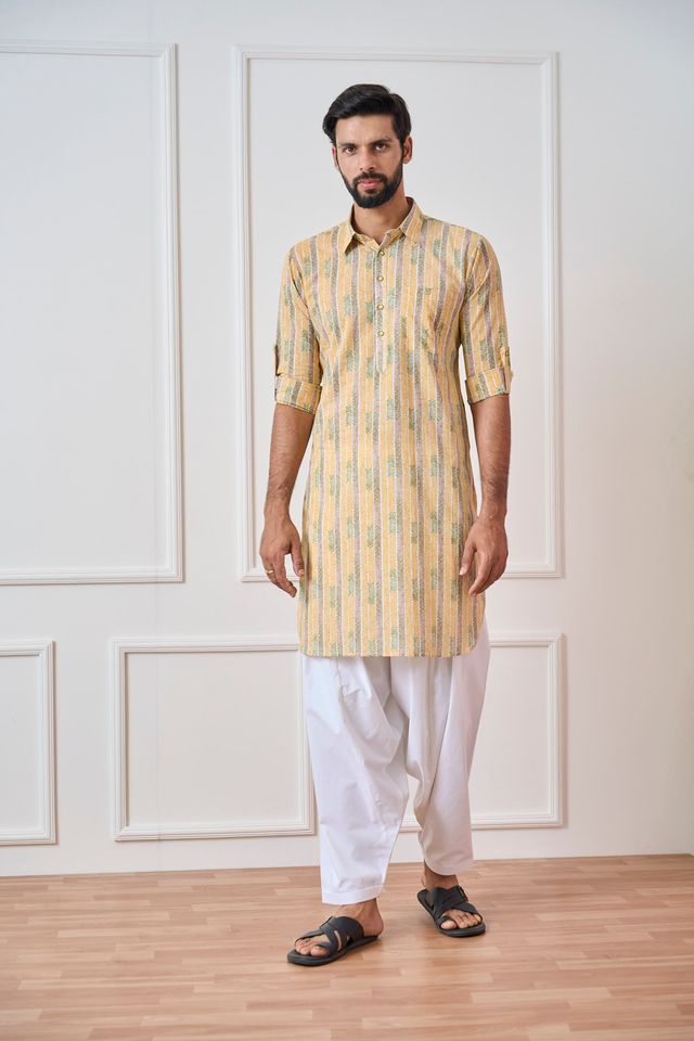 Yellow Regular Pure Cotton Pathani Kurta With White Salwar