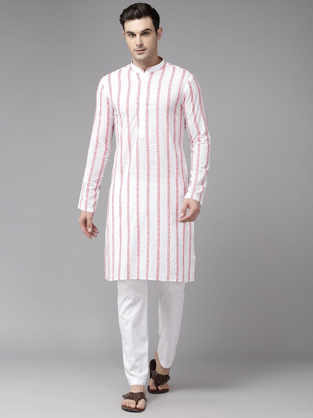 Men White & Pink Pure Cotton Embroidered Straight Kurta With Pajama