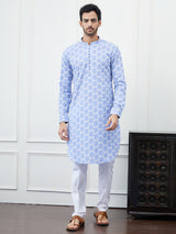 Men Blue And White Embroidered Cotton Kurta