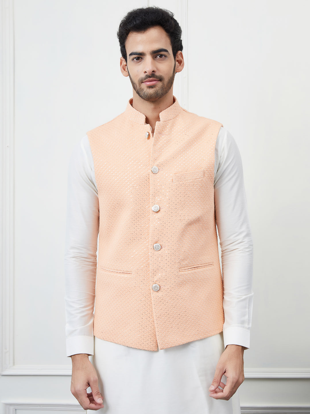 Men Peach Color Woven Design Embroidery With Sequence Cotton Nehru Jacket