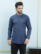 Men Blue Printed Cotton Short Kurta