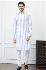 Men White And Blue Floral Chikankari Embroidery Cotton Kurta