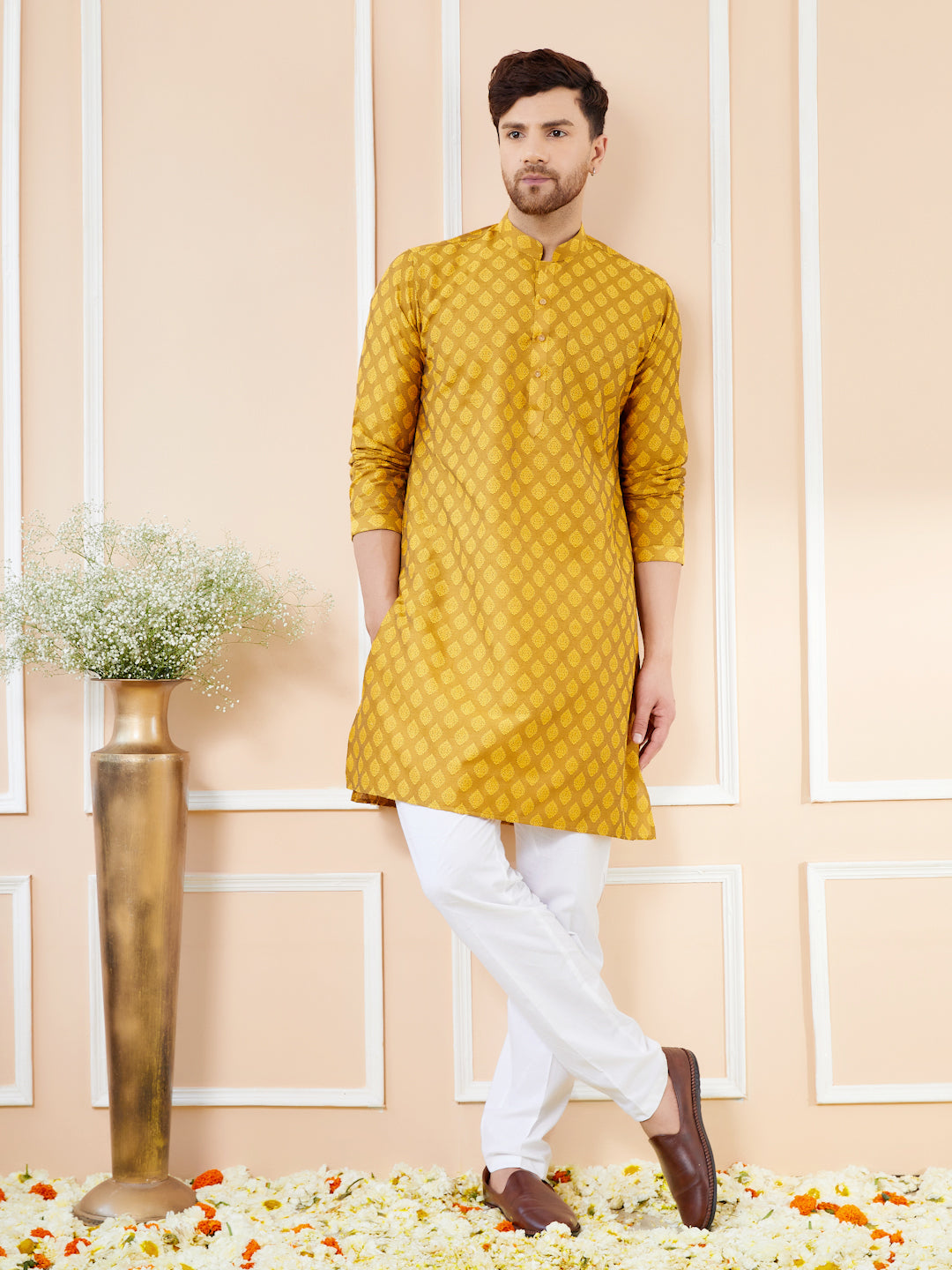 Mustard Ethnic Motifs Silk Jacquard Woven Design Straight Kurta with Pyjama