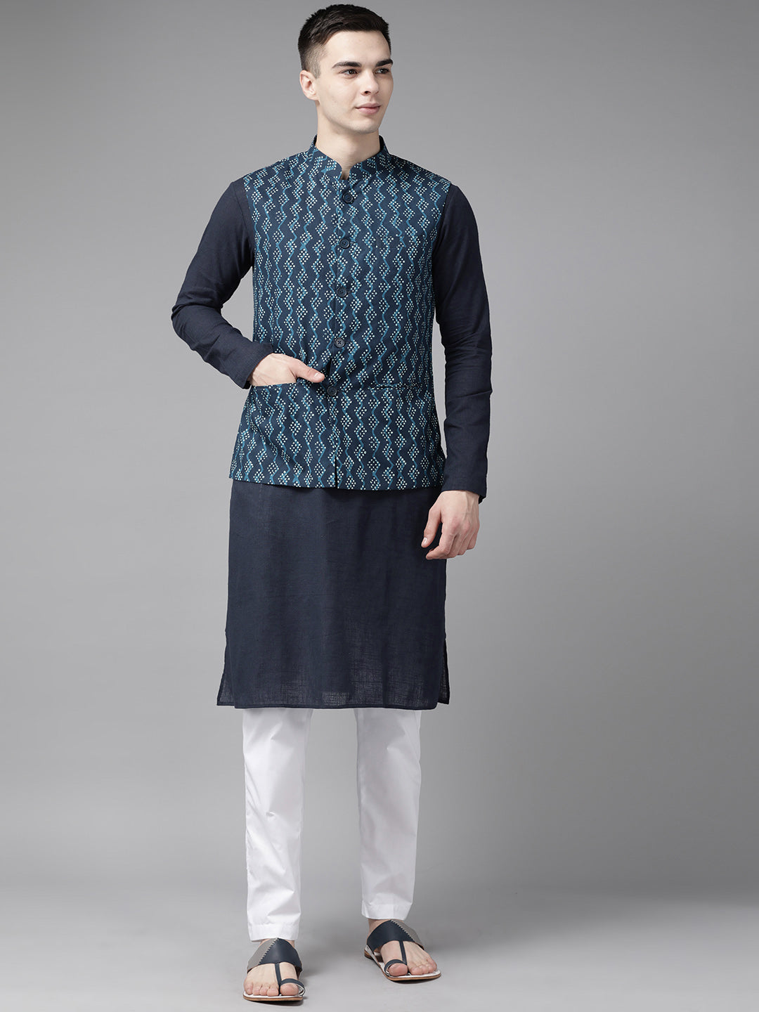 Riwaat.com Men Blue Pure Cotton Kurta Pajama With Indigo Impressions Nehru jacket Riwaat Indo Western